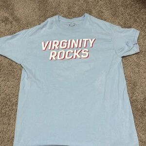 Virginity rocks t shirt size medium light blue and red and white worn once